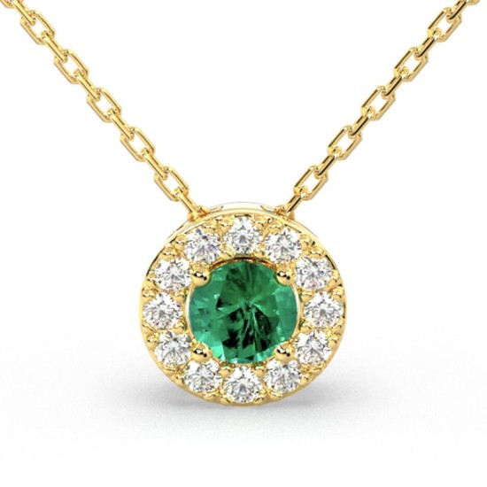 Collier halo en Or jaune avec émeraude ronde