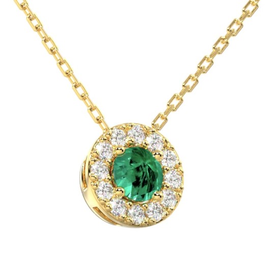 Collier halo en Or jaune avec émeraude ronde