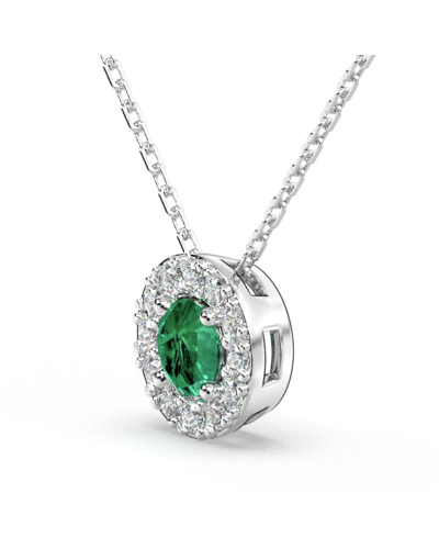 Collier halo en Or blanc avec émeraude ronde