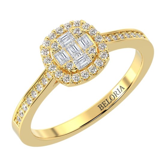 Solitaire illusions coussin halo accompagné en or jaune 18k et diamants