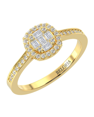 Solitaire illusions coussin halo accompagné en or jaune 18k et diamants