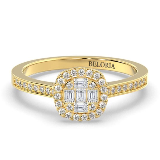 Solitaire illusions coussin halo accompagné en or jaune 18k et diamants