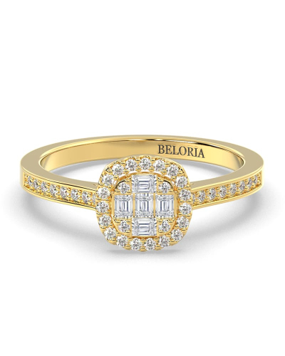 Solitaire illusions coussin halo accompagné en or jaune 18k et diamants