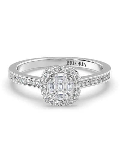 Solitaire illusions coussin halo accompagné en or blanc 18k et diamants
