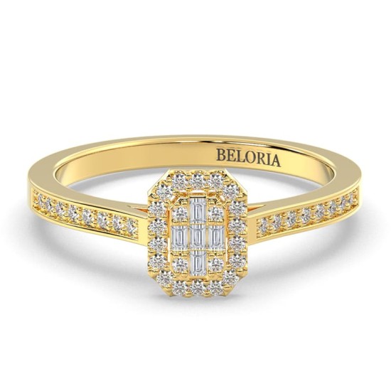 Solitaire illusions émeraude halo accompagné en or jaune 18k et diamants