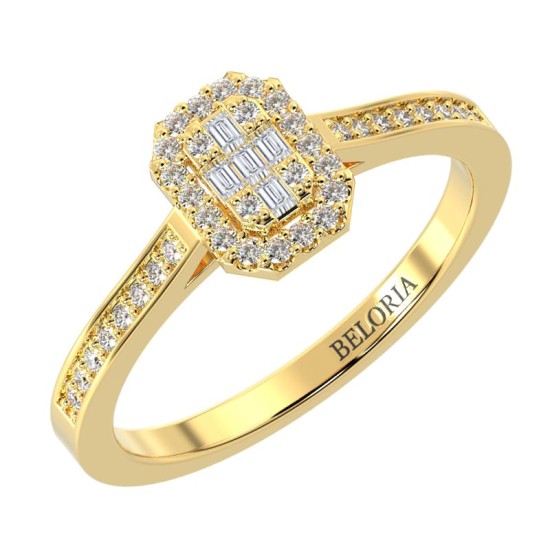 Solitaire illusions émeraude halo accompagné en or jaune 18k et diamants