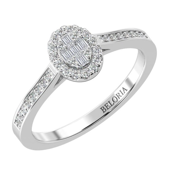 Solitaire illusions ovale halo accompagné en or blanc 18k et diamants