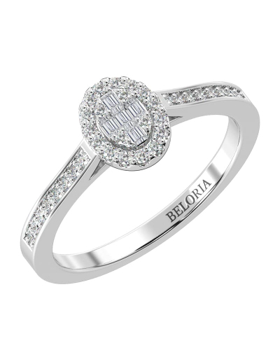 Solitaire illusions ovale halo accompagné en or blanc 18k et diamants