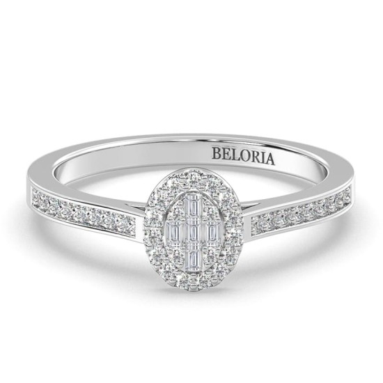 Solitaire illusions ovale halo accompagné en or blanc 18k et diamants