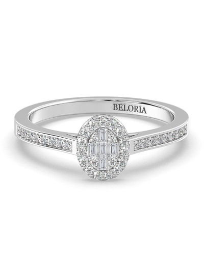 Solitaire illusions ovale halo accompagné en or blanc 18k et diamants