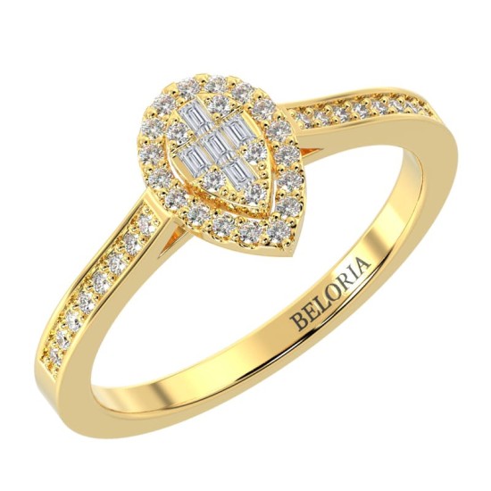 Solitaire illusions poire halo accompagné en or jaune 18k et diamants