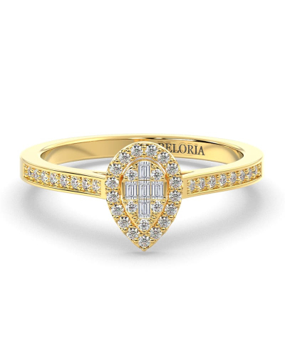 Solitaire illusions poire halo accompagné en or jaune 18k et diamants