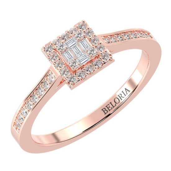 Solitaire illusions princesse halo accompagné en or rose 18k et diamants