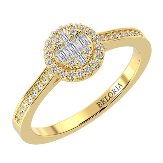 Solitaire illusions rond halo accompagné en or jaune 18k et diamants