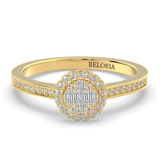 Solitaire illusions rond halo accompagné en or jaune 18k et diamants