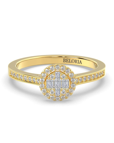 Solitaire illusions rond halo accompagné en or jaune 18k et diamants