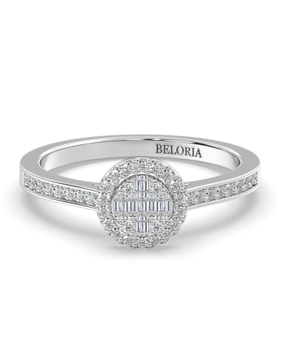 Solitaire illusions rond halo accompagné en or blanc 18k et diamants