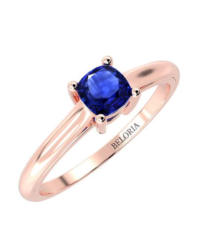 Bague solitaire en or rose avec saphir coussin