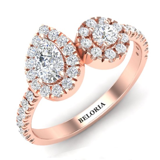 Bague toi et moi en Or rose avec Halo Accompagné Diamant poire et rond