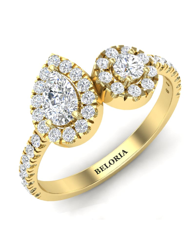 Bague toi et moi en Or rose avec Halo Accompagné Diamant poire et rond