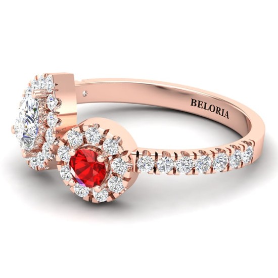 Bague toi et moi en Or rose avec Halo Accompagné Diamant poire et rond