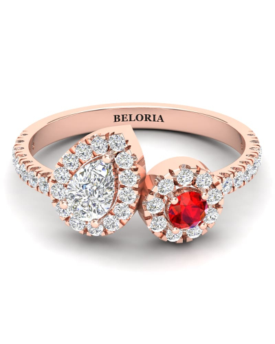 Bague toi et moi en Or rose avec Halo Accompagné Diamant poire et rond