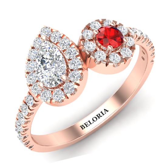 Bague toi et moi en Or rose avec Halo Accompagné Diamant poire et rond