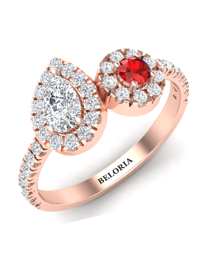 Bague toi et moi en Or rose avec Halo Accompagné Diamant poire et rond