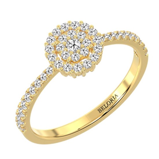 Solitaire illusions coussin halo accompagné en or jaune 18k et diamants