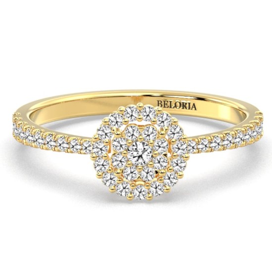Solitaire illusions coussin halo accompagné en or jaune 18k et diamants