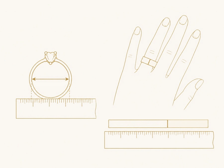 Schéma des deux méthodes de mesure : bague sur règle et bande de papier autour du doigt