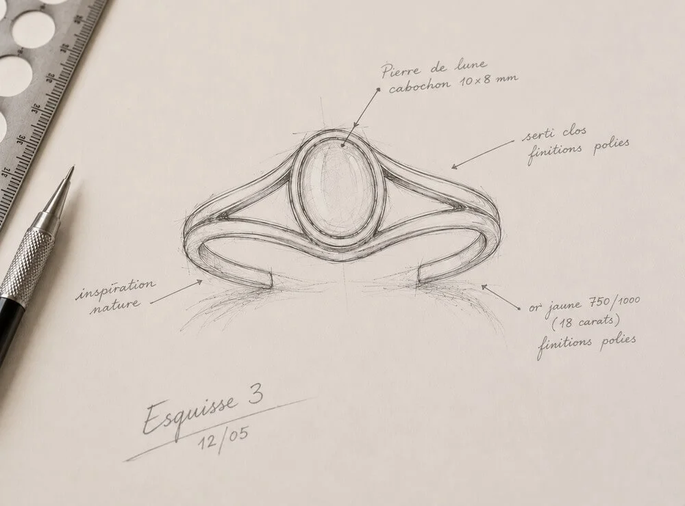 Atelier · esquisse d'un bijou à la main